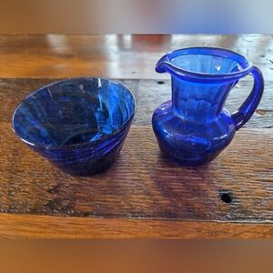 Vintage Hand-Blown Cobalt Blue Glass Mini Pitcher Bowl Set